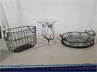 Very unique glass pedestal Bowl, metal basket a