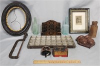Antique Table Lot: Frames, Chocolate Mold & More