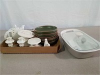 Two boxes candlesticks, teapot, terracotta bowls