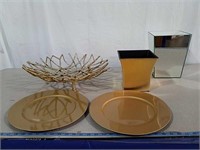 Chargers, gold tinted basket and Planter and