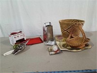 Baskets, tray and kitchen utensils