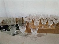 Two boxes stemware and etched glasses marked L o