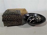 Wood bowl and decorative balls and basket