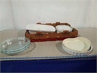 Corningware casseroles and Pyrex pie plates