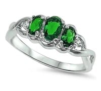 Sterling Silver Oval Emeralds & Cz Ring SJC