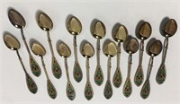 14 Enameled Sterling Silver Spoons In Fitted Case