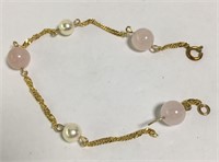 Rose Agate And Faux Pearl Gold Filled Bracelet