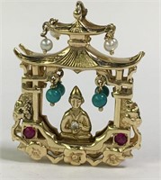 14k Gold Jeweled Buddha & Temple Pendant