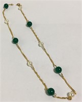 14k Gold Filled Faux Pearl & Green Stone Necklace