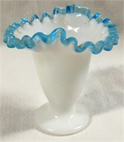 White Glass Vase With Blue Trim