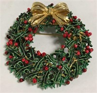 Weiss Enameled Christmas Wreath Broche