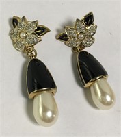 Faux Pearl & Enameled Rhinestone Earrings