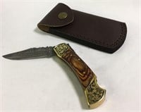 Pocket Knife With Damascene Blade In Leather Case