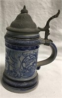 Blue And Gray Stoneware Stein With Pewter Lid