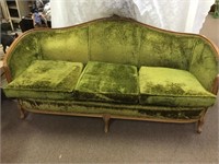 Crushed Green Velvet Couch w/ Wood Trim