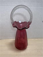 Cranberry Glass Basket With Rope Handle