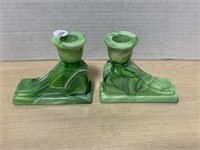 Pair of Green Stoltz Slag Glass Candle Holders