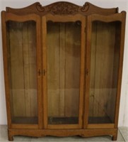 Fancy carved oak 3 door bookcase w/ backsplash