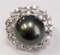 Platinum Black Pearl & Diamond ring sz 6.5