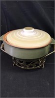 Vintage Clay pottery pan with lid and stand