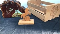 Wooden crate, horse and clock