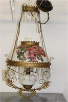 Antique electrified oil lamp w/painted glass shade