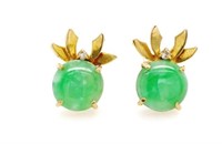 Jade, diamond and 14ct yellow gold stud earrings