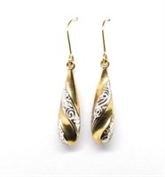 Two tone 9ct gold drop earrings