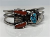 LG STERLING SILVER TURQUOISE & CORAL BRACELET