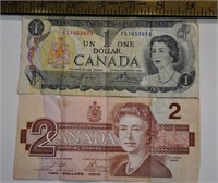 1973, 1986 Canada one & two dollar bills