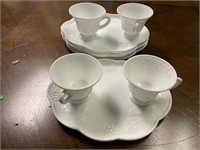 Milk glass snack trays and cups