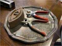 Tray, sad iron, hand tools