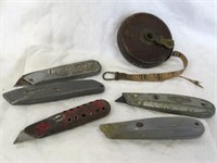 5 box cutters - 50' vintage tape measurer