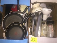 2 Box lots skillets, baking pans, blender, light