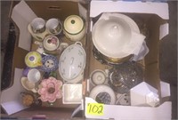 2 Box lots tea pots, silver plated pcs, cups