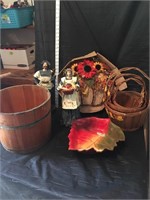 Fall and Thanksgiving decor with a cedar bucket.