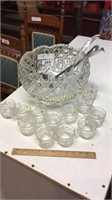 GLASS PUNCH BOWL & 12 CRYSTAL CUPS, W/LADELS