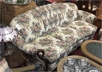 TAPESTRY TUFTED-BACK SOFA W/CARVED ARMS