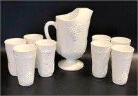 Milk Glass Pitcher and Tumblers with Grape Motif
