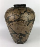 Painted Terra Cotta Vase with Floral & Fish Design
