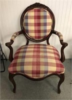 Plaid Upholstered Armchair with Carved Back