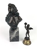 Female Bust & Metal Cherub Statue with Tambourine