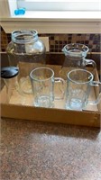 Glass pitcher, mugs