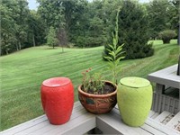 Two Garden Stools and Planter