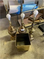 3 Brass Lamps & Trash Can