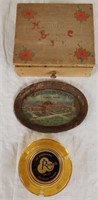 Souvenir ashtrays & wood box;
