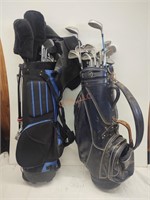 Pair of golf bags with clubs and contents