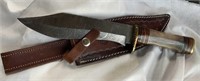 12" Damascus Knife w/ Leather Sheath, Bone Handle