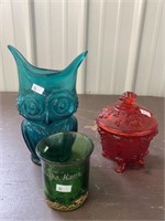 Owl Vase, Red Footed Covered Dish, Souvenir Glass