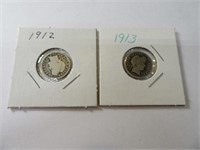 1912 & 1913 Barber Silver Dimes in sleeves
